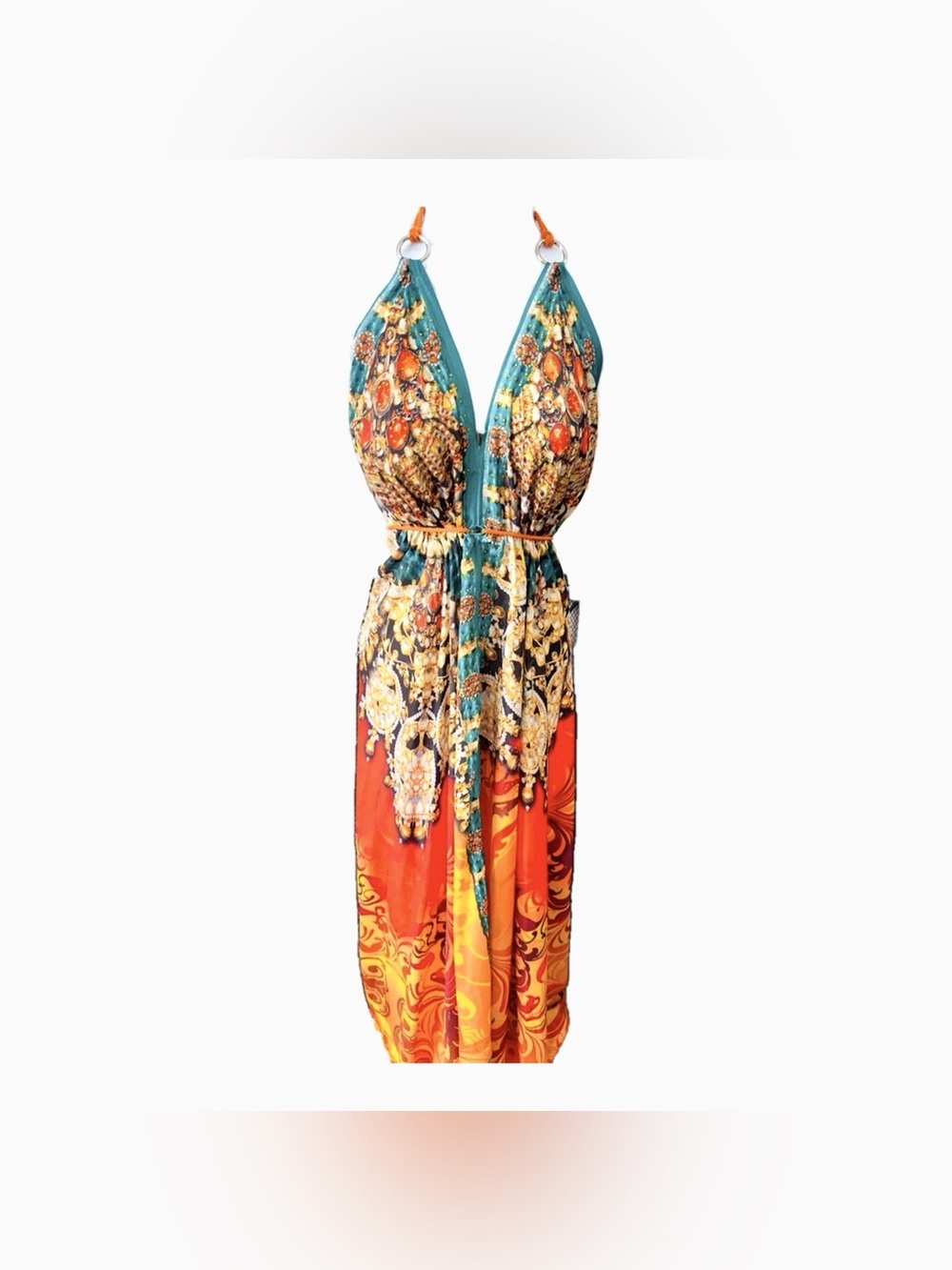Embellished jewel print hi-low halter maxi dress, size M
